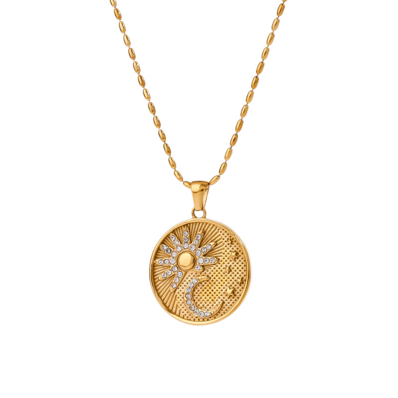 Classic style 18K gold stainless steel+white diamond round pendant necklace with diamond sun, moon and stars - Image 2