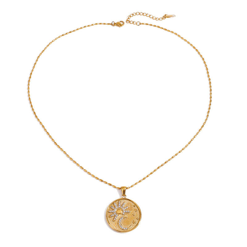 Classic style 18K gold stainless steel+white diamond round pendant necklace with diamond sun, moon and stars