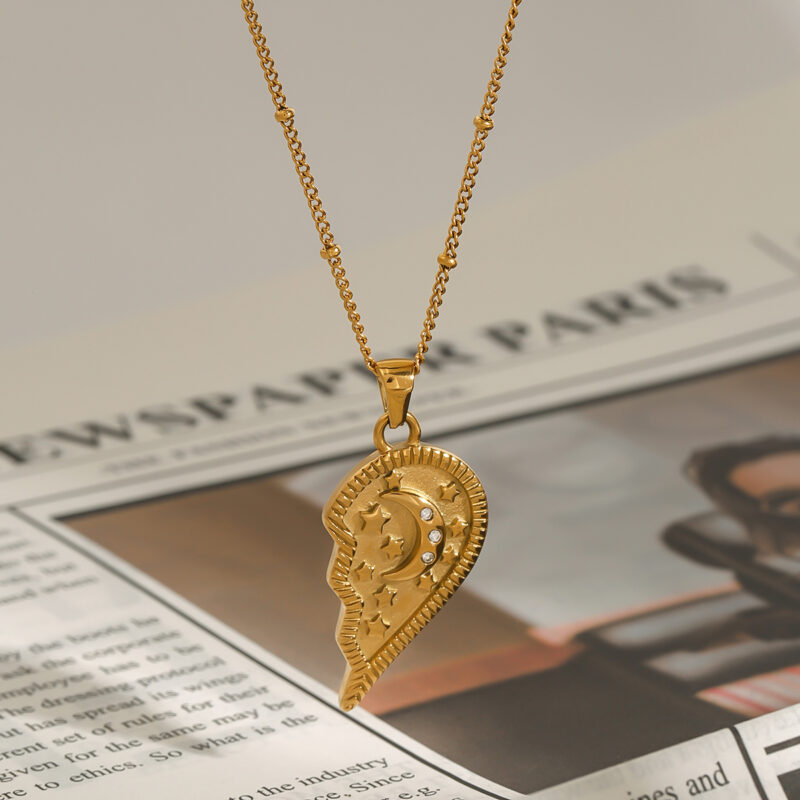 Ladies luxury retro 18K gold stainless steel white diamond diamond moon star half love clip bead chain necklace - Image 3