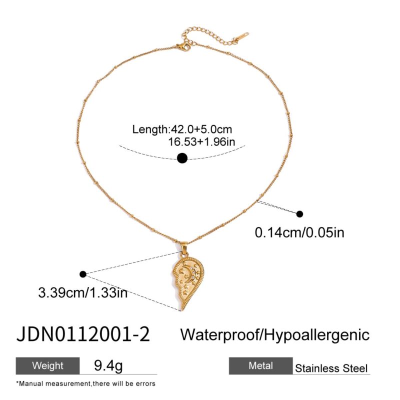 Ladies luxury retro 18K gold stainless steel white diamond diamond moon star half love clip bead chain necklace - Image 2