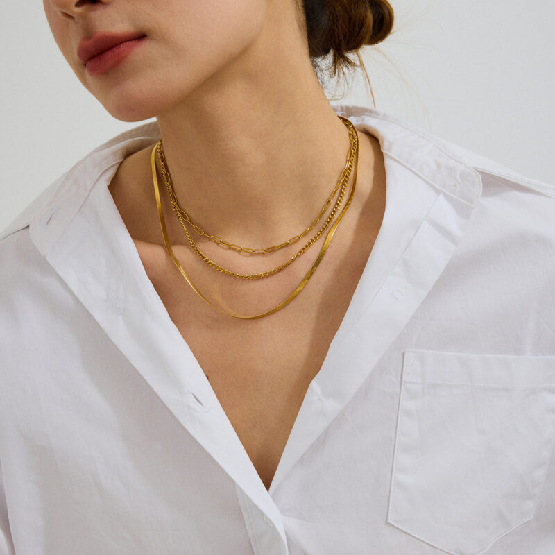 Ladies classic style 18K gold stainless steel cross chain multi-layer three layers necklace - Image 3