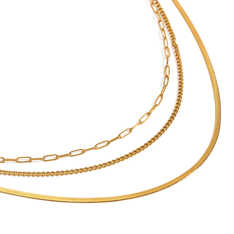 Ladies classic style 18K gold stainless steel cross chain multi-layer three layers necklace - Image 2
