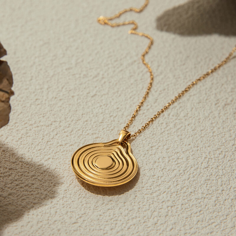 J&D Waterproof Stainless Steel PVD Gold Plating Spiral Bur Texture Smooth Blue Moonlight Resin Stone Pendant Necklace - Image 5