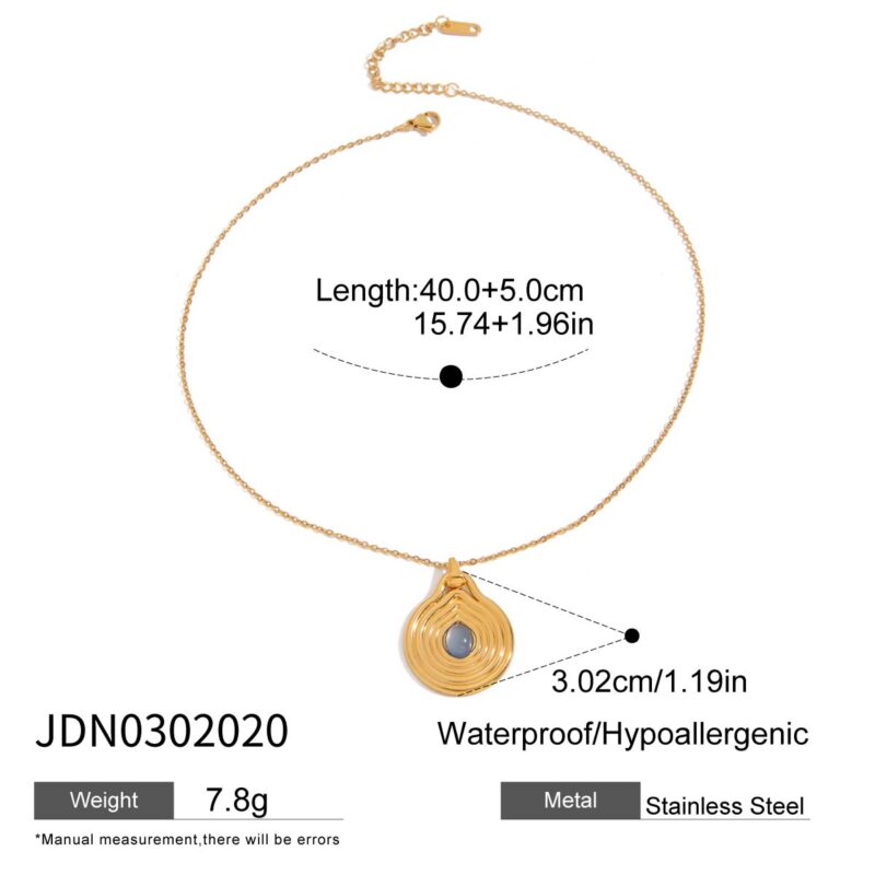 J&D Waterproof Stainless Steel PVD Gold Plating Spiral Bur Texture Smooth Blue Moonlight Resin Stone Pendant Necklace - Image 6