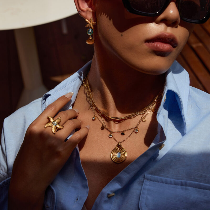 J&D Waterproof Stainless Steel PVD Gold Plating Spiral Bur Texture Smooth Blue Moonlight Resin Stone Pendant Necklace - Image 2