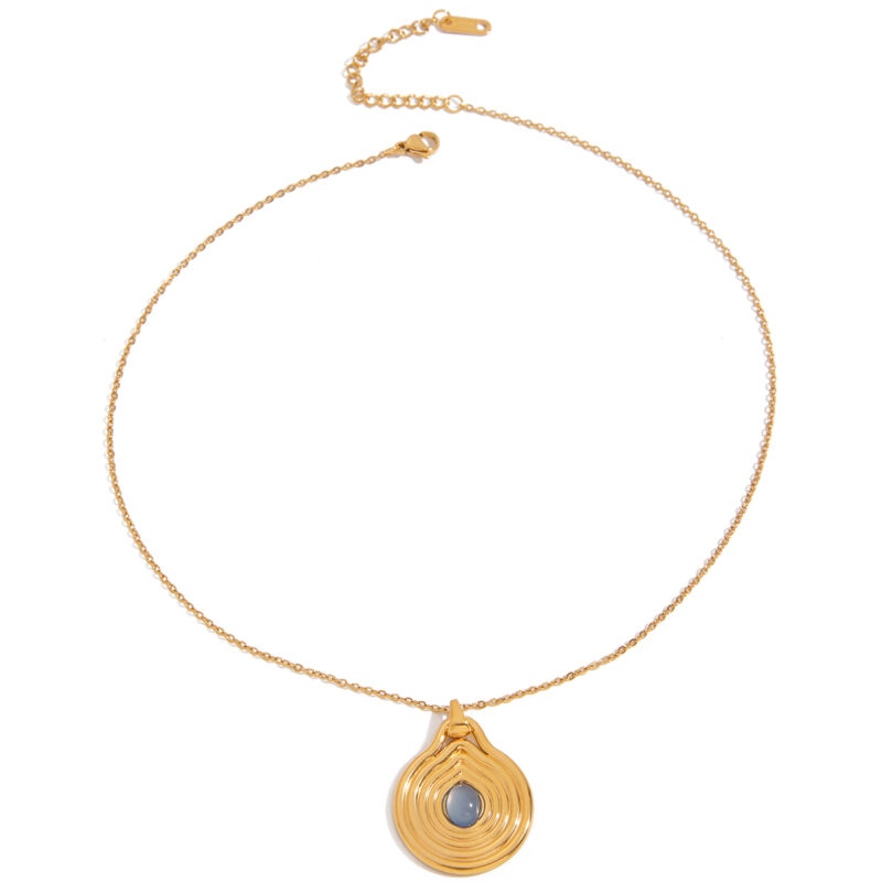 J&D Waterproof Stainless Steel PVD Gold Plating Spiral Bur Texture Smooth Blue Moonlight Resin Stone Pendant Necklace