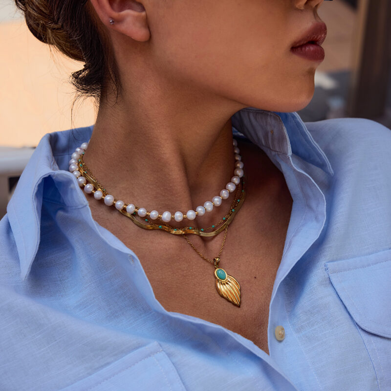 J&D Designer Women Niche Earrings 18K Gold Stainless Steel Blue Stone Glossy Leaf Pendant Necklaces - Image 2