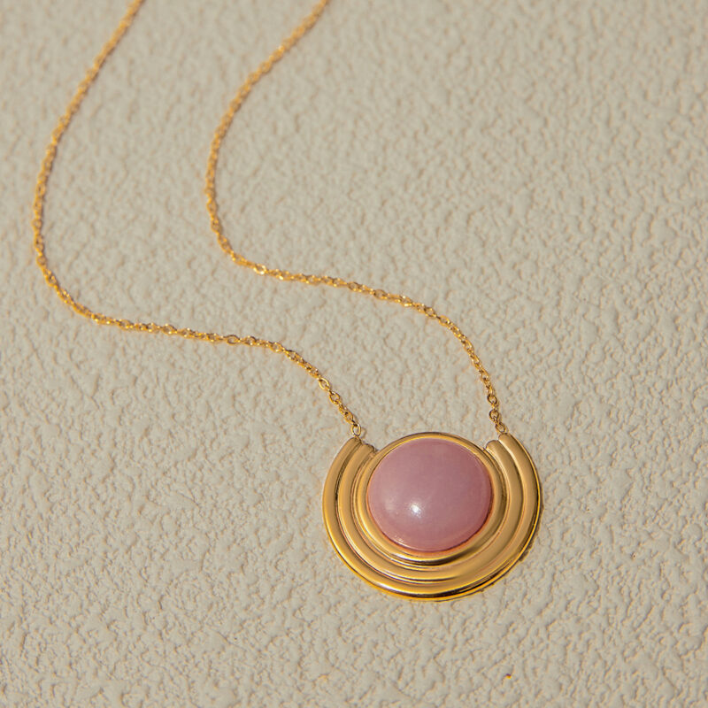 J&D Ocean Series Niche 18K Gold Stainless Steel Arc Ribbed Rose Crystal Natural Stone Pendant Necklaces - Image 4