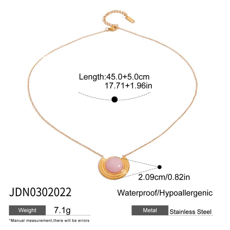 J&D Ocean Series Niche 18K Gold Stainless Steel Arc Ribbed Rose Crystal Natural Stone Pendant Necklaces - Image 6