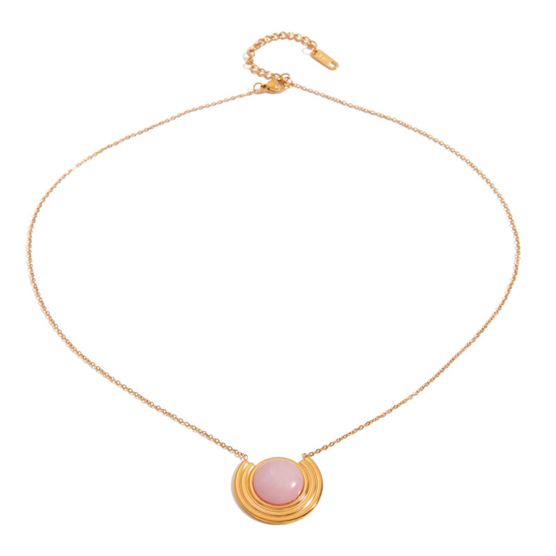 J&D Ocean Series Niche 18K Gold Stainless Steel Arc Ribbed Rose Crystal Natural Stone Pendant Necklaces