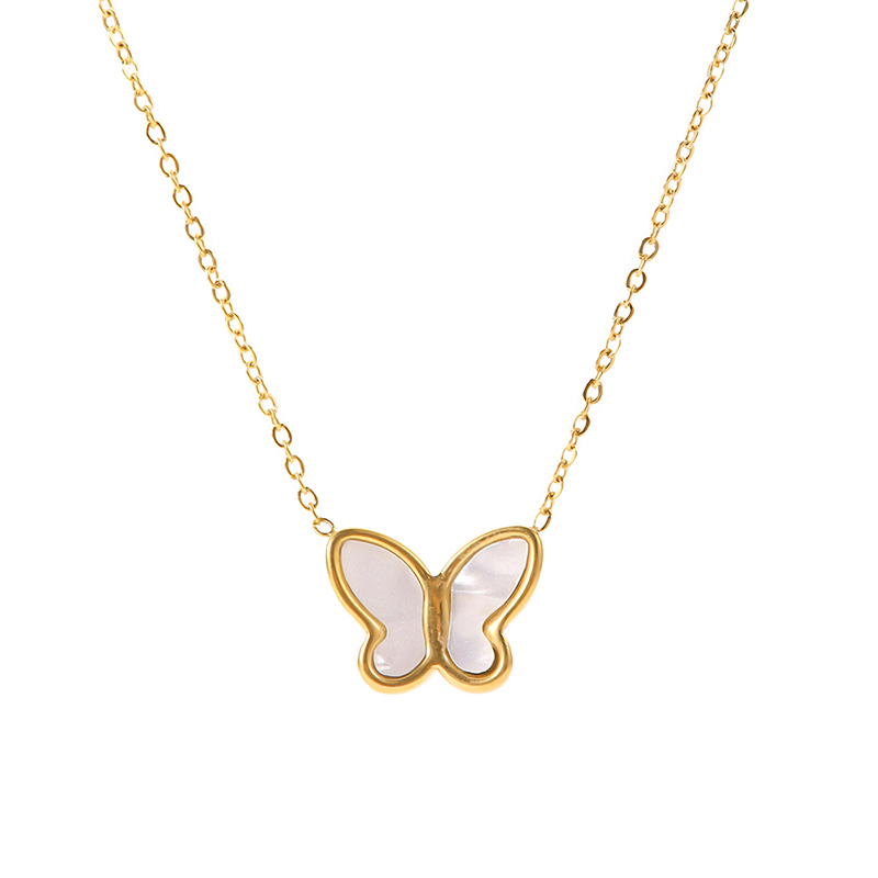Tarnish Free Shell Butterfly Pendant Necklace For Women 18k Gold Plated Stainless Steel Choker Necklace