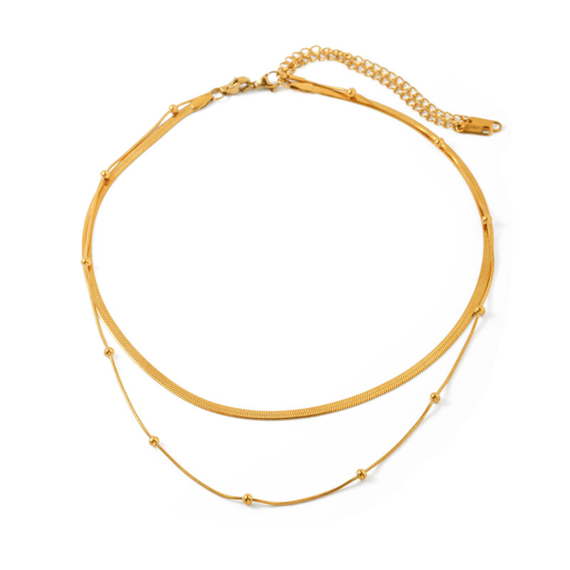 J&D New Stainless Steel 14K Gold Plated Chain Double Layer Round Beads Necklace Fashion Women Jewelry