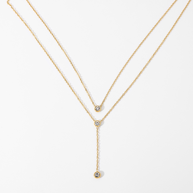 18K Gold Stainless Steel Y Shaped Dainty Chain Double Layer Shiny Cubic Zirconia Lariat Necklaces
