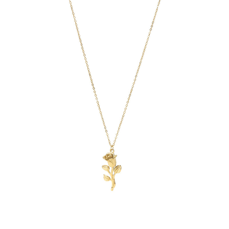 14K Gold Plated Stainless Steel Figaro Chain Necklace for Women Three-dimensional Rose Pendant Necklace