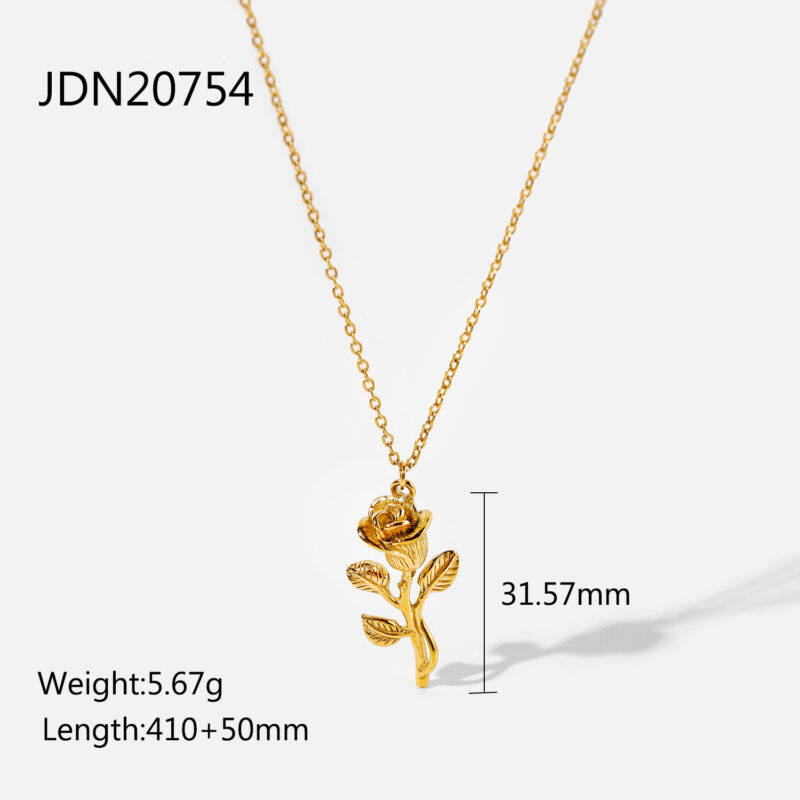 14K Gold Plated Stainless Steel Figaro Chain Necklace for Women Three-dimensional Rose Pendant Necklace - Image 6