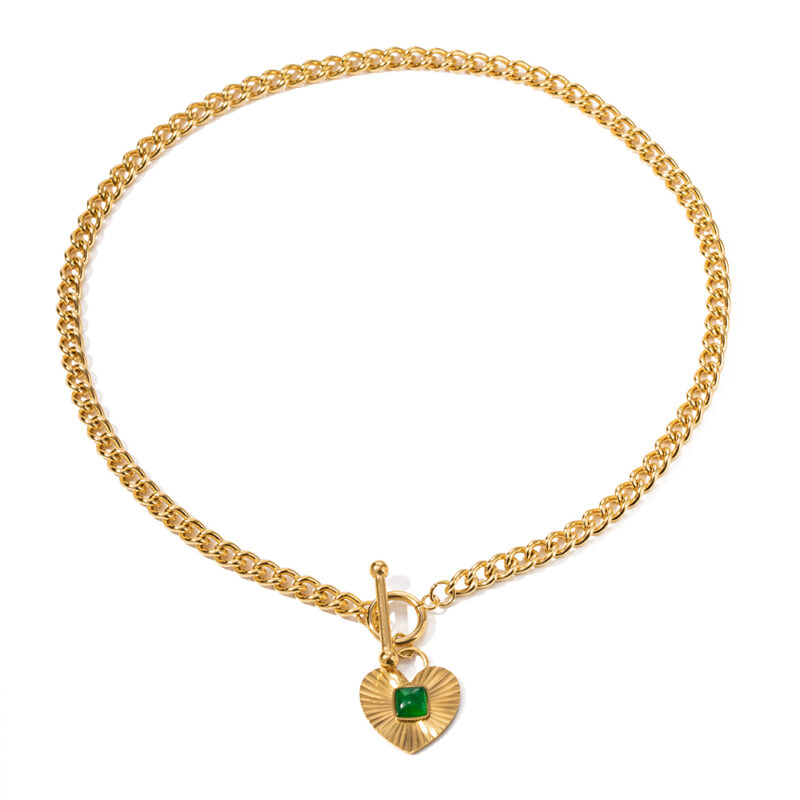 INS Cuban Green Zircon Inlaid 14k Stainless Steel Gold Plated Agate Necklace Jewelry Heart Pendant Necklace