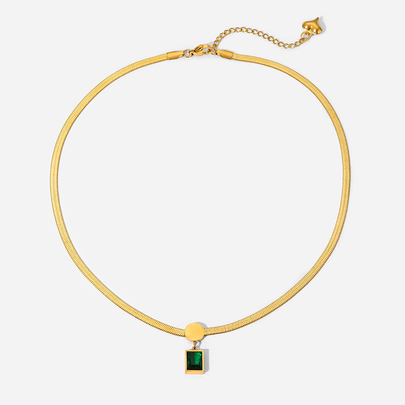 18K Gold Plated Stainless Steel Green Square Zircon Pendant Snake Chain Necklace for Women's 2022
