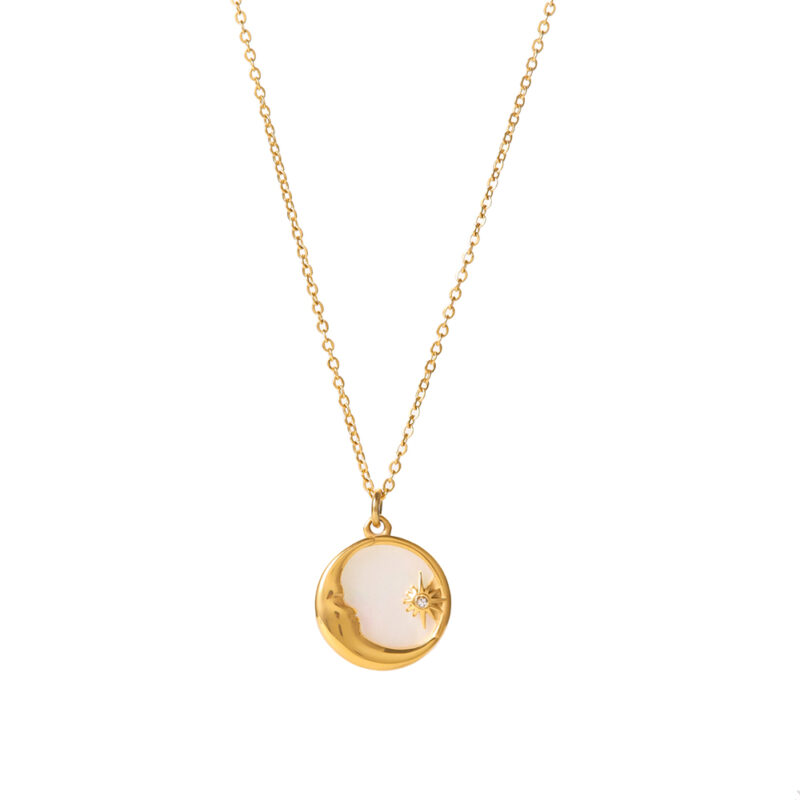 Popular Natural White Shell Chain Necklace Waterproof Stainless Steel Gold Plated Jewelry Moon Pendant Necklace