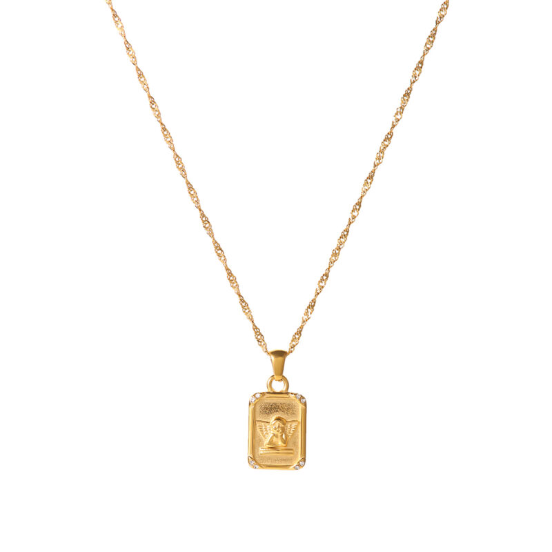 Square Zircon Embossed Angel Pendant Necklace Stainless Steel Gold Plated Gift Necklace for Women