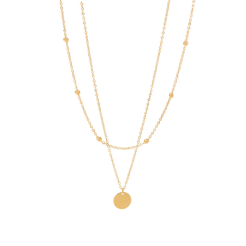 18K Gold Plated Double Layers Stainless Steel Mini Bead Chain Disc Charm Necklace for Girls