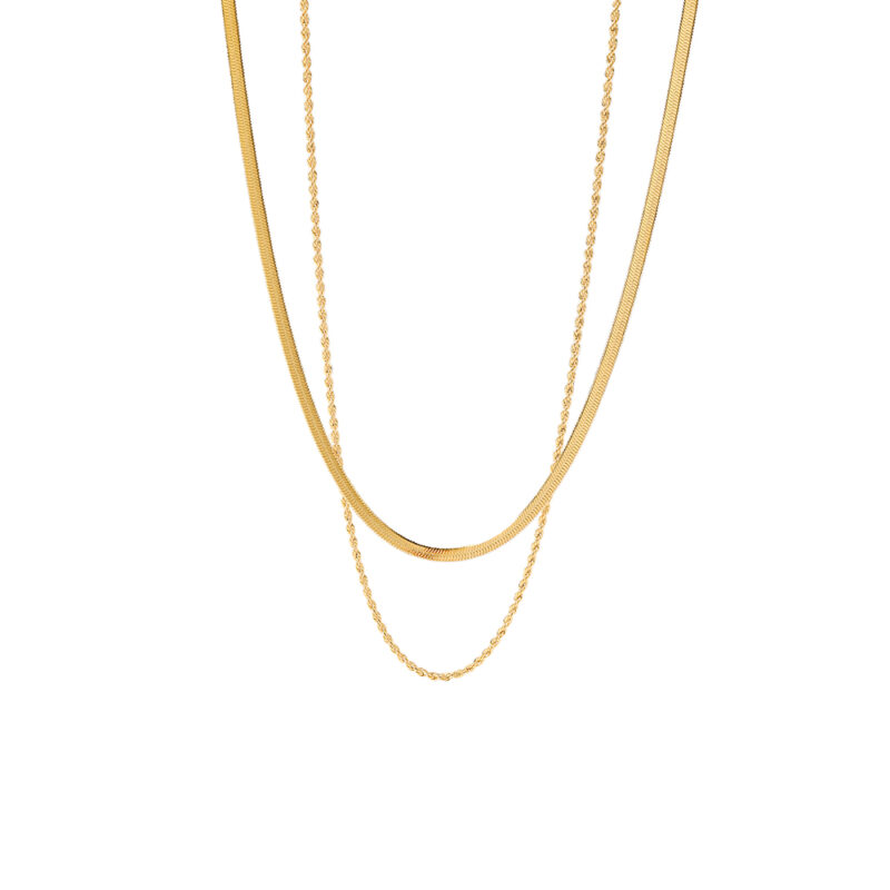 J&D Jewelry Waterproof 18K PVD Gold Plating Also Silver Colorway Two Layers Rope Flat Snake Chain Necklace