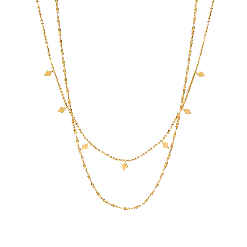 18K Gold Plated Layer Necklace Stainless Steel Double Layered Tassel Sequined Bead Chain Necklace