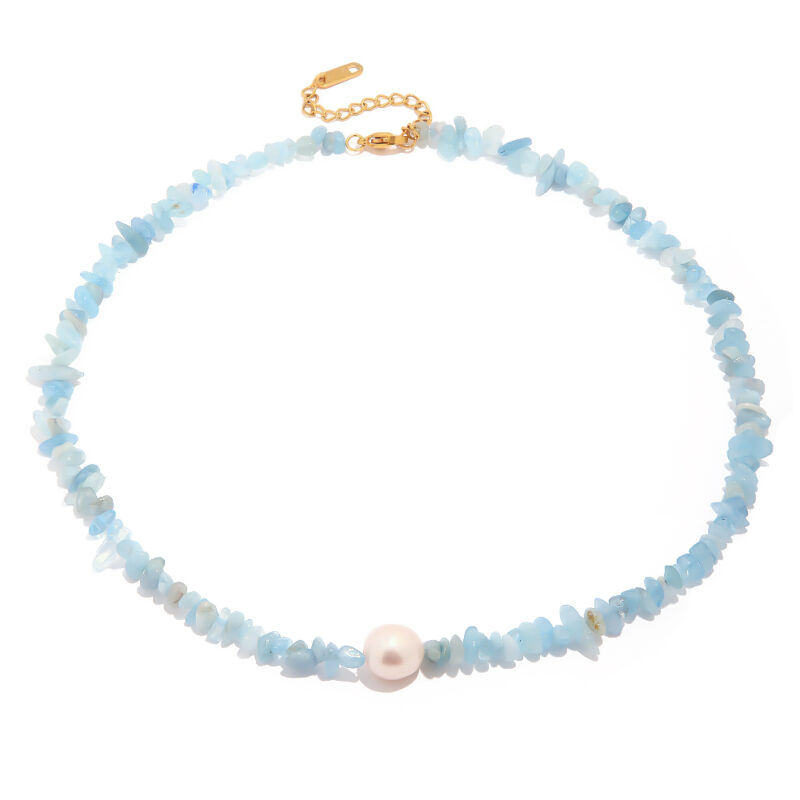 Youthway Ocean Blue Stone Pearl Stainless Steel Necklace Metal Texture Waterproof Trendy Simple Jewelry for Women