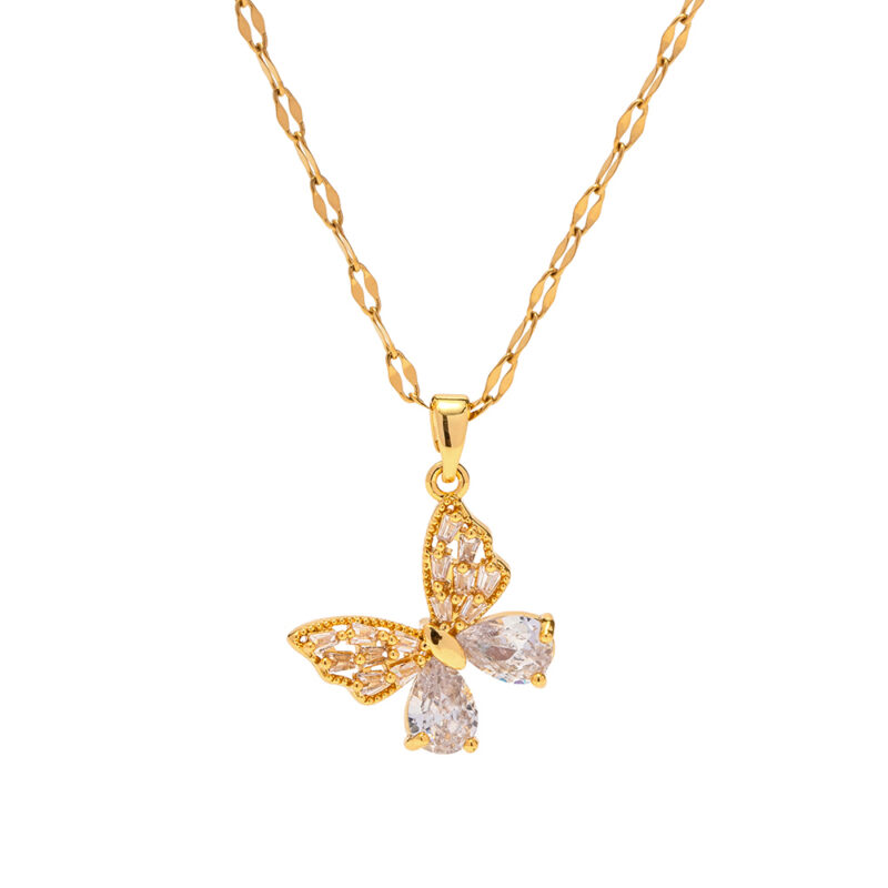 Fashion Jewelry 18K Gold Plated Stainless Steel Clear Cubic Zircon Paved Butterfly Pendant Necklace