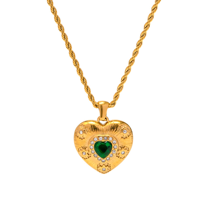 18K Gold Plated Stainless Steel Jewelry Gift Charm Waterproof Emerald Cubic Zirconia Heart Pendant Necklace for Girls