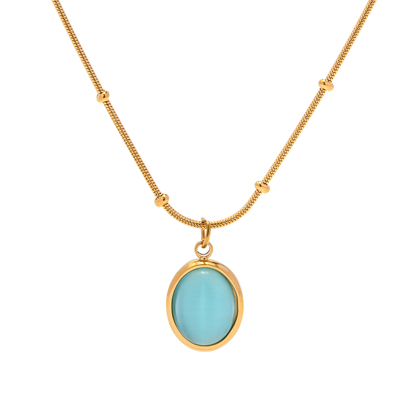 Charm 18K Gold Plated Stainless Steel Jewelry Gift Bead Chain Blue Cubic Zirconia Oval Pendant Necklace