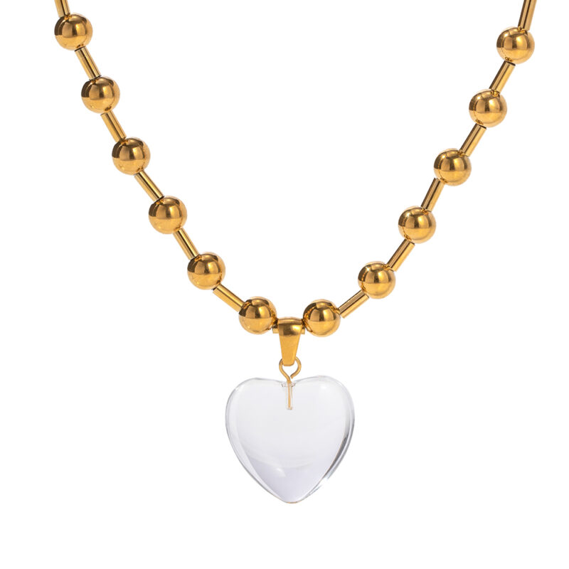 Waterproof 18K Gold Plated Stainless Steel Bead Chain Transparent Quartz Glass Stone Heart Pendant Necklace