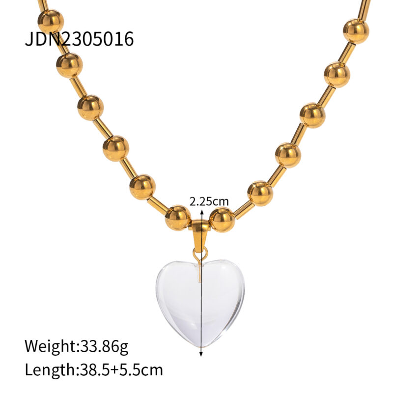 Waterproof 18K Gold Plated Stainless Steel Bead Chain Transparent Quartz Glass Stone Heart Pendant Necklace - Image 6