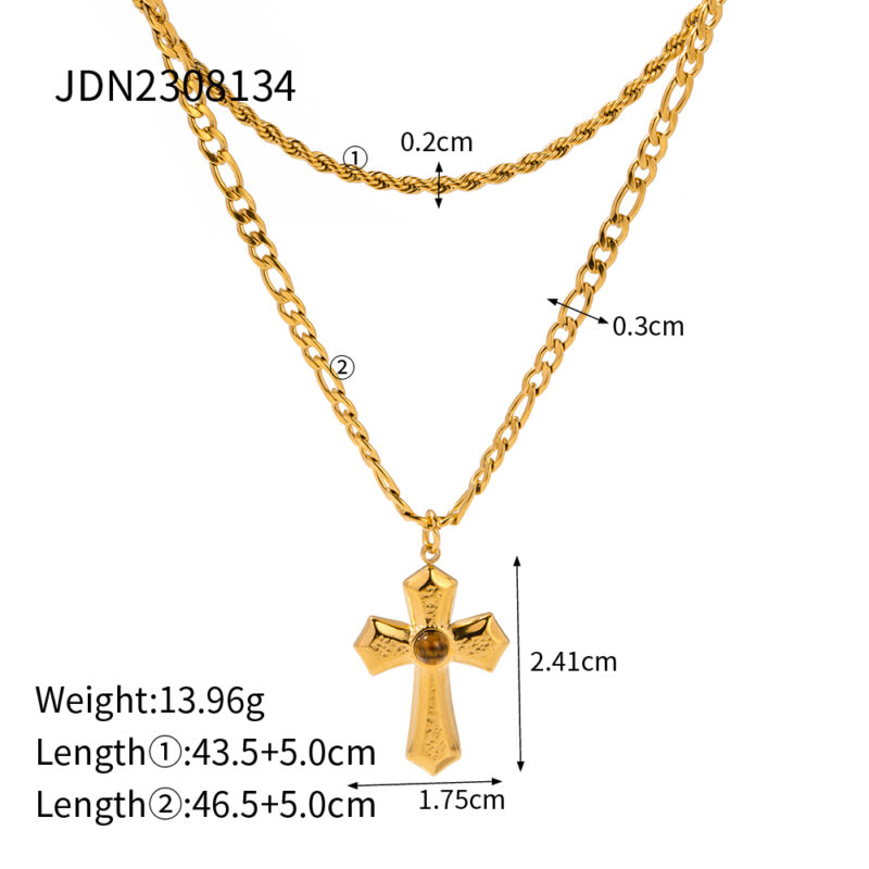 J&D Waterproof 18k Gold Plated Stainless Steel Jewelry Gift Charm Cross Texture Layered Hammer Pendant Necklace for Women - Image 5