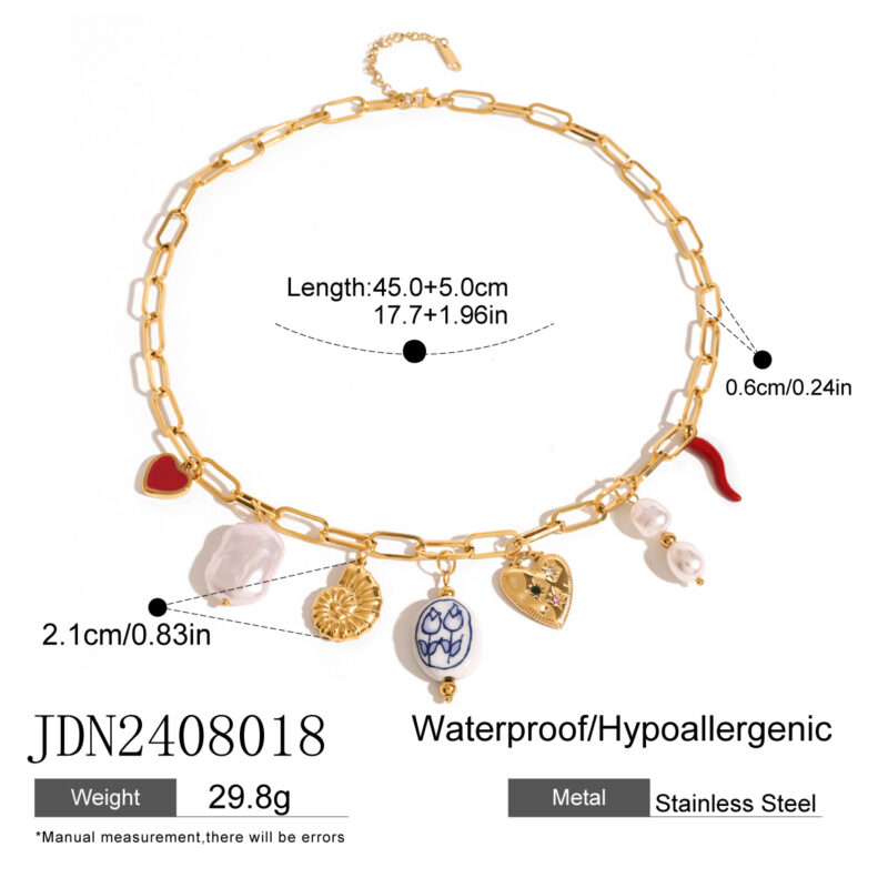 Youthway Trendy Stainless Steel Pearl Conch Heart Porcelain bead Chili Pendent Necklace Waterproof 18K Gold-plated Beach Jewelry - Image 5