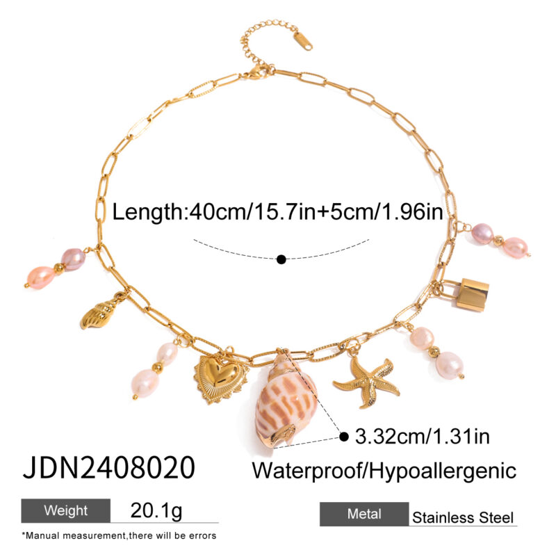 Youthway Conch Freshwater Pearls Starfish Heart Lock Pendant Necklace Stainless Steel 18K Gold-plated Beach Waterproof Jewelry - Image 6