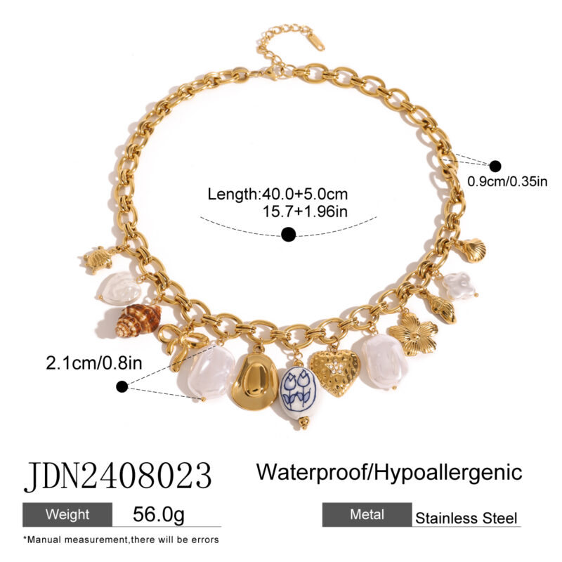 Youthway Stainless Steel Pearl Conch Turtle Cubic Zirconia Heart Porcelain Bead Flower Pendent Necklace Waterproof Beach Jewelry - Image 6