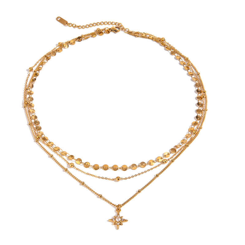 Youthway Rhinestone Star Layered Chain Pendant Necklace Women Stainless Steel Golden Metalic Waterproof Texture Necklace Jewelry