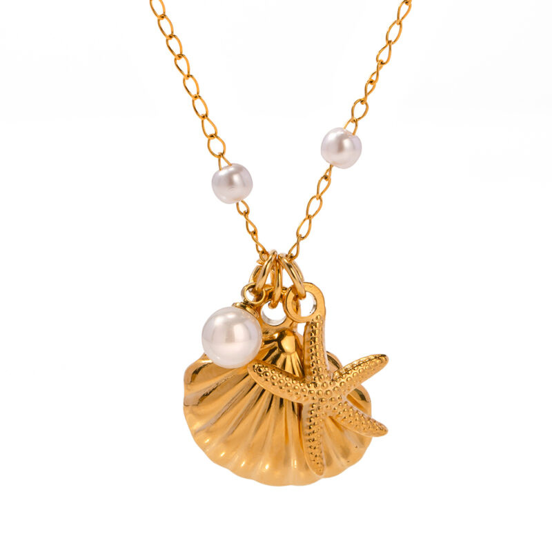 J&D Unique Earrings 18K Gold Plated Stainless Steel Texture Scallop Shell Shape Necklace and Earring Set