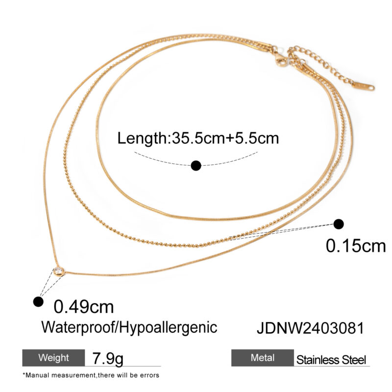 J&D 18K Gold Plated Stainless Steel Three-layer Necklace with a Round White Cubic Zirconia Pendant, 35/40/45+5cm - Image 6