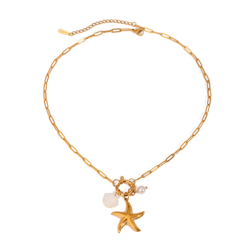J&D Ocean 18K Real Gold Plated Stainless Steel Necklace with Trendy Starfish Shell Charm DIY Link Chain for Anniversary Vacation