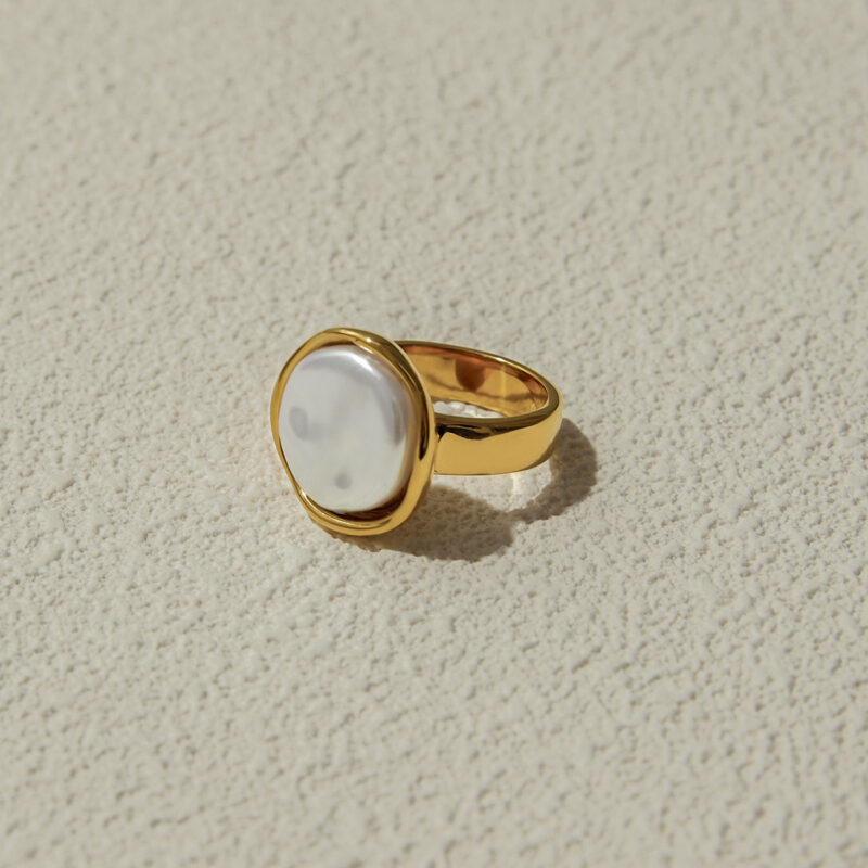 J&D Modern Minimalist 18K Gold Plated Stainless Steel Rings Elegant Round Pearl Rings for Women - Image 6
