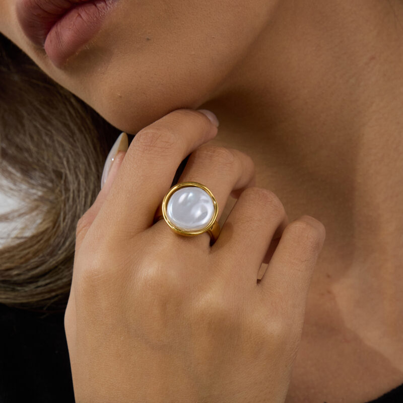 J&D Modern Minimalist 18K Gold Plated Stainless Steel Rings Elegant Round Pearl Rings for Women - Image 3