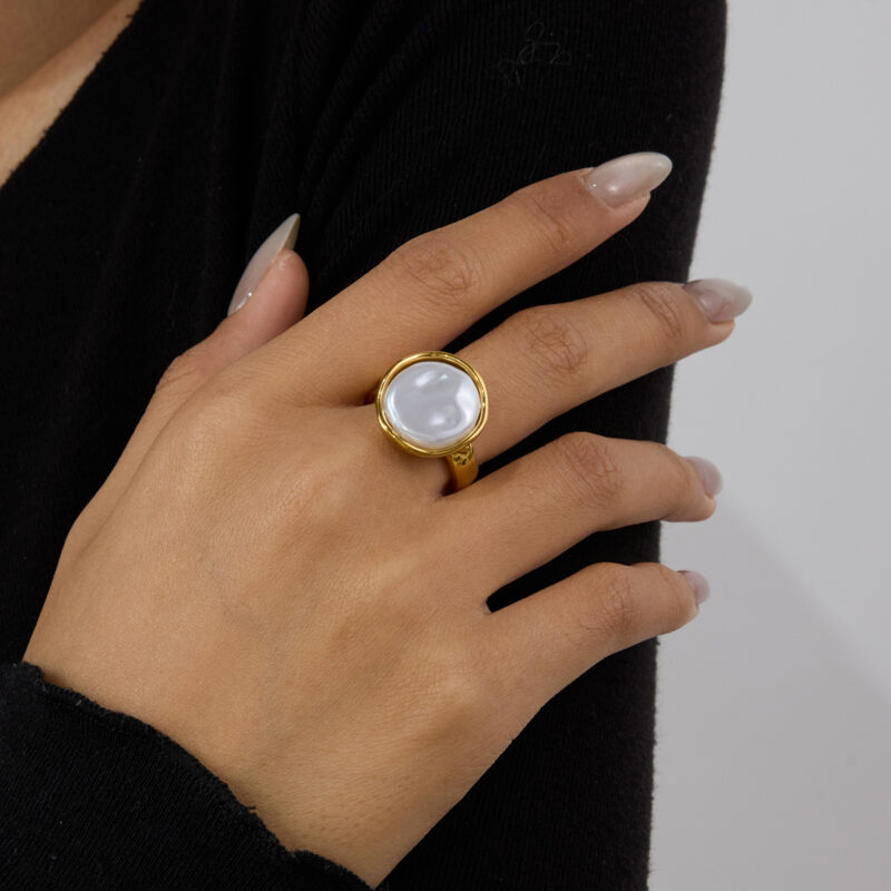 J&D Modern Minimalist 18K Gold Plated Stainless Steel Rings Elegant Round Pearl Rings for Women - Image 2