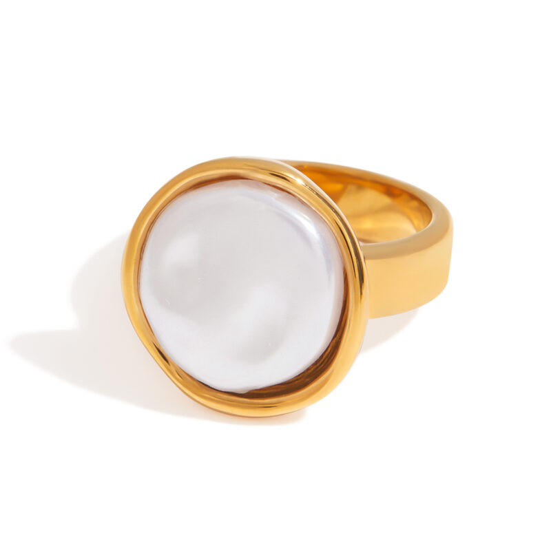J&D Modern Minimalist 18K Gold Plated Stainless Steel Rings Elegant Round Pearl Rings for Women