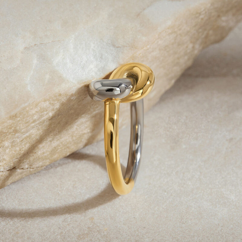 J&D Modern Minimalist Style 18K Gold and Stainless Steel Two Tone Color Knotted Winding Rings - Image 3