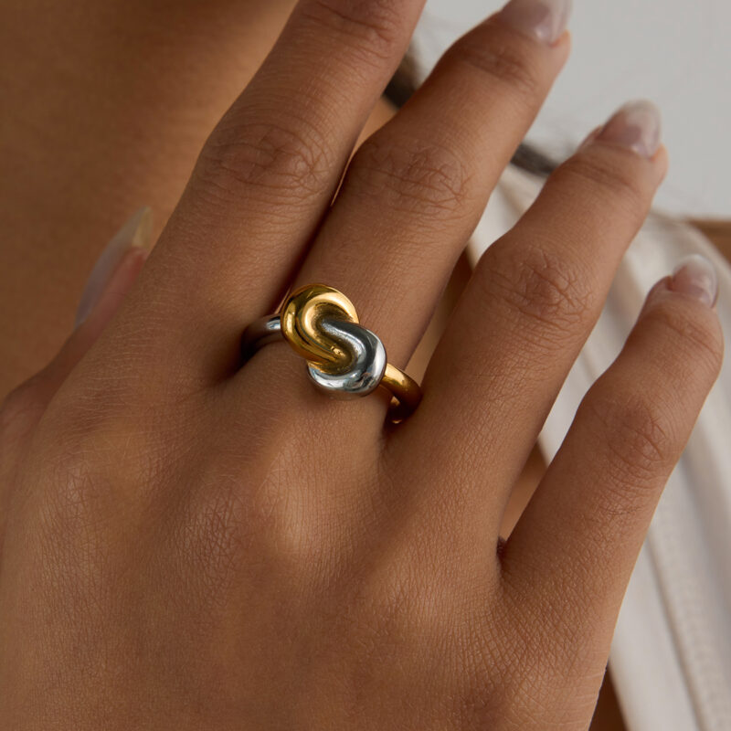 J&D Modern Minimalist Style 18K Gold and Stainless Steel Two Tone Color Knotted Winding Rings - Image 5
