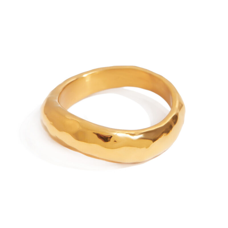 JD Designer Apple Base Ring for Women - 18K Gold Stainless Steel, Hammered Textured Stackable Minimalist Ring Size 7