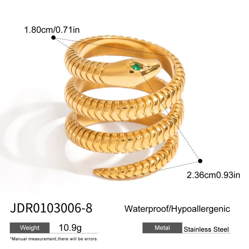 J&D 18K Gold Plate Stainless Steel Rings Trendy Waterproof Punk Style Zircon Four Layer Snake Ring - Image 4