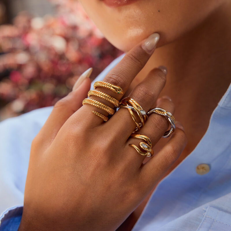 J&D 18K Gold Plate Stainless Steel Rings Trendy Waterproof Punk Style Zircon Four Layer Snake Ring - Image 2