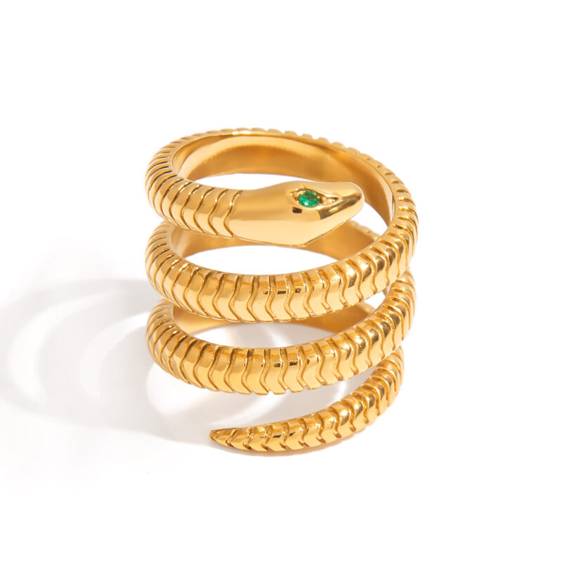 J&D 18K Gold Plate Stainless Steel Rings Trendy Waterproof Punk Style Zircon Four Layer Snake Ring - Image 5